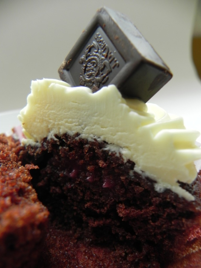 Raspberry Curd Filled Dark Chocolate Cupcakes
